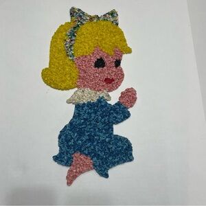 Vintage “popcorn plastic” Praying Girl Wall Art with Blue Dress. Pre-owned.